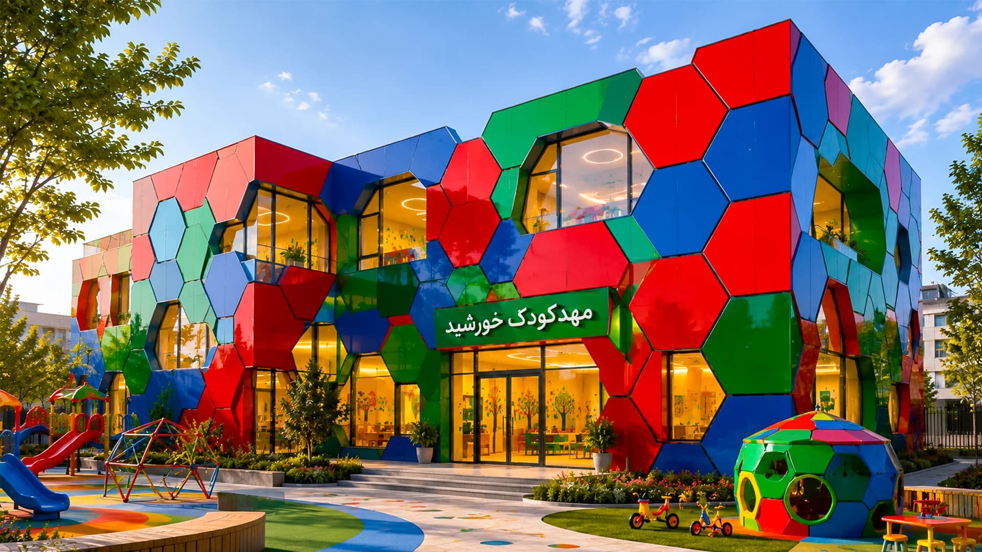 مهدکودک با نمای خورشیدی شش‌ضلعی رنگی